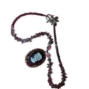 Vintage Cameo Pendant Necklace with Black Beaded Chain and Floral Clasp